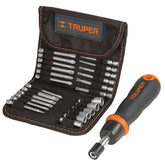 Kit destornillador tipo matraca + 18 puntas + 6 cubos mecanicos en estuche truper..
